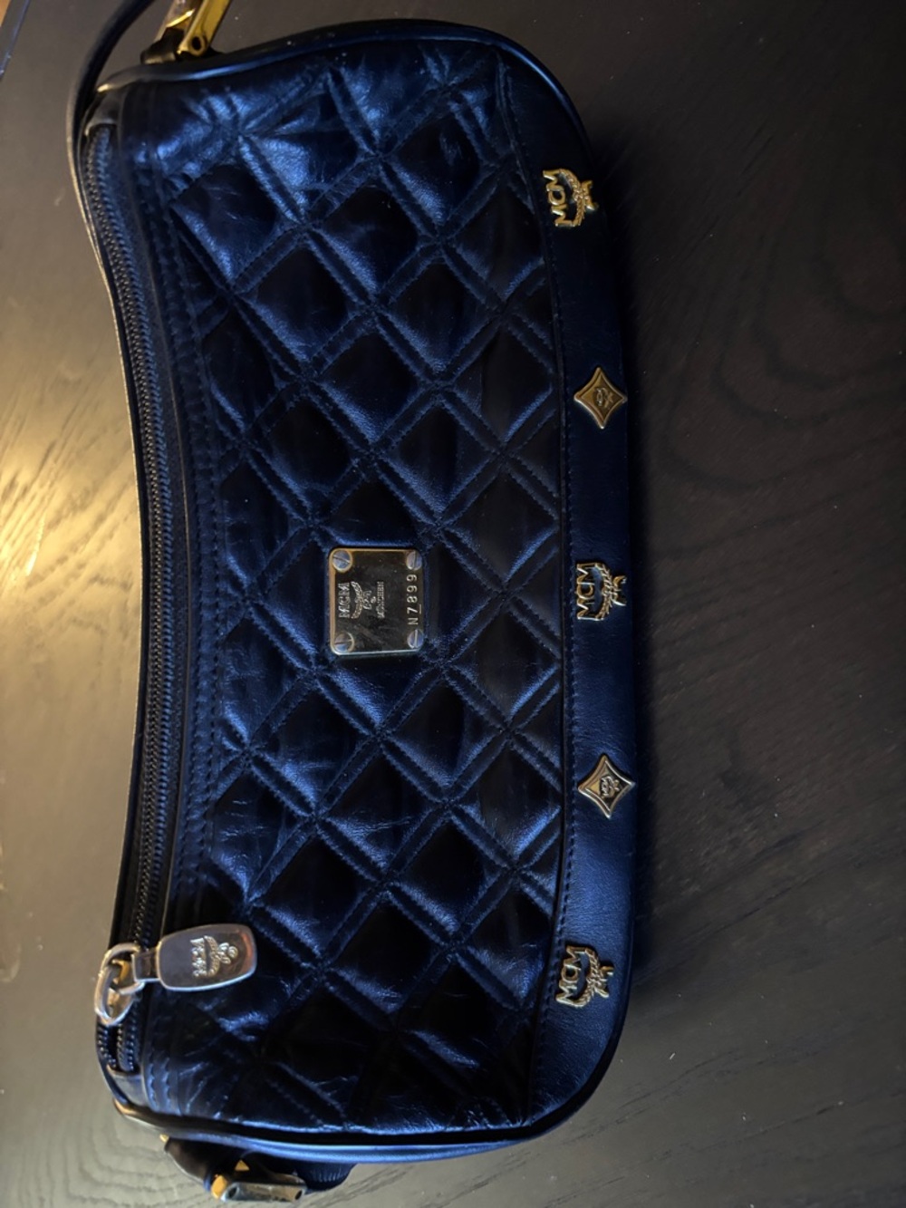 MCM Quilted Navy Shoulder Bag with Gold Accents
